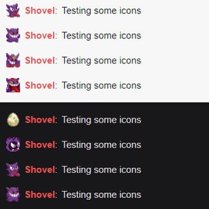 May include: A series of six different icons, each with a different colour and design. The icons are all in a row, and each one has the text "Shovel: Testing some icons" below it.