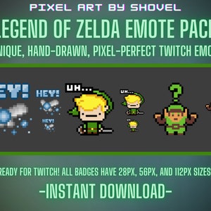 May include: A digital download pack of three pixel art emotes featuring the Legend of Zelda character Link. The emotes are titled "HEY!" "UH..." and "?".