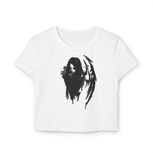 Gothic Women&#39;s Baby Tee with Grim Reaper Design | Casual, Halloween, Spooky Fashion, Graphic Tee, Statement Top