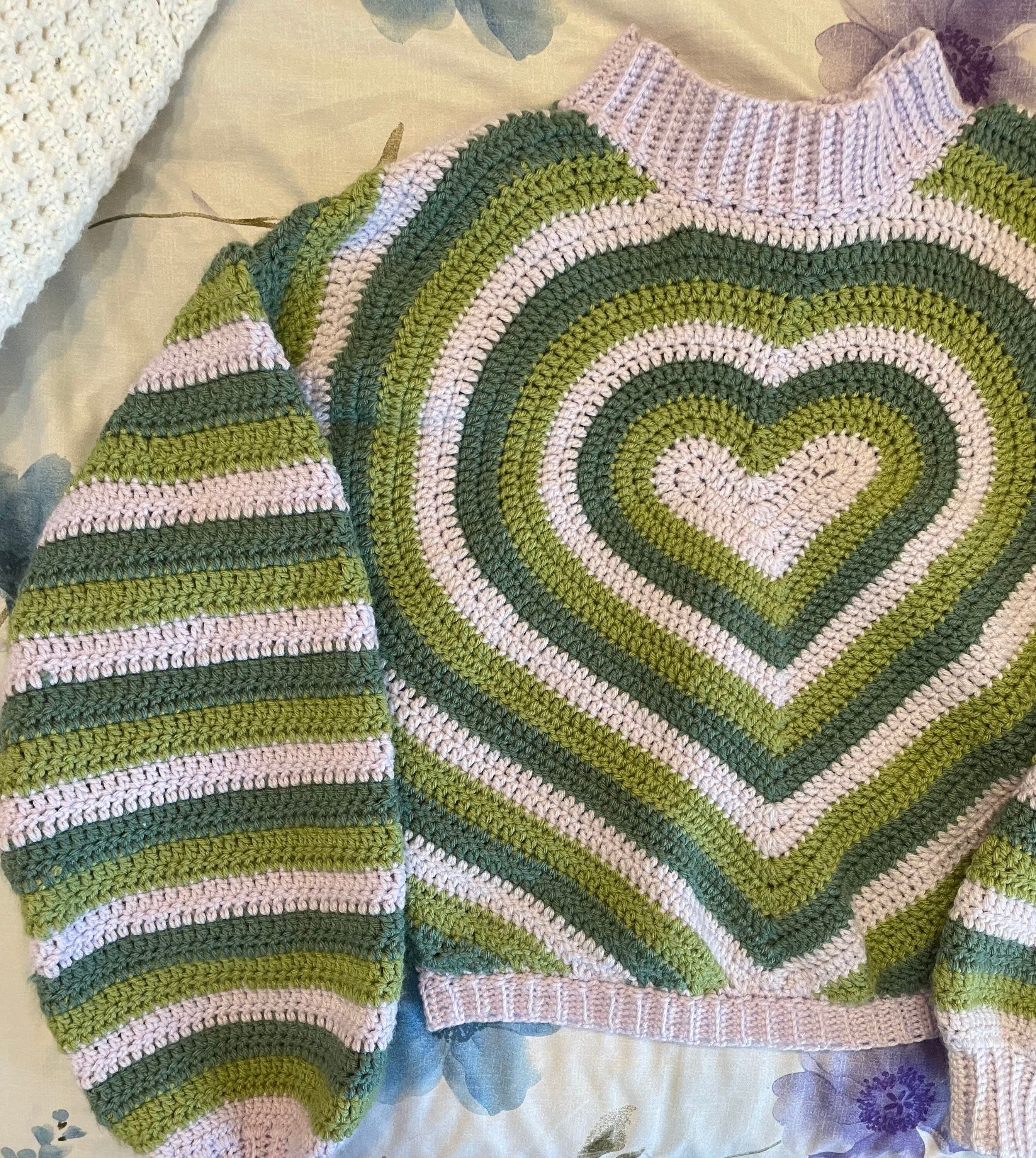 Crochet Heart Sweater Green and Purple 