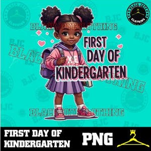 First Day of School Girl PNG | African American Child DTF Transfer | Back to School | Kindergarten Pink Purple | Instant Download