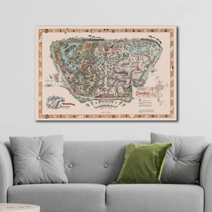 May include: Vintage Disneyland map print featuring a detailed illustration of the park layout, including attractions, shops, and restaurants. The map is surrounded by a decorative border with the words "Disneyland" and "Disneyland Park" in a vintage font.