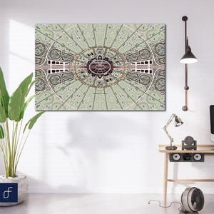 May include: A digital art print featuring a geometric design with a circular pattern in shades of green, blue, and white. The design is symmetrical and has a central focal point.
