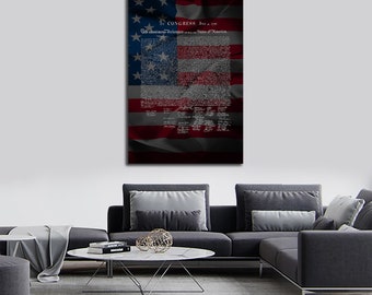 May include: A framed print of the Declaration of Independence with a red, white, and blue American flag background. The text of the document is in white and the signatures are in black.