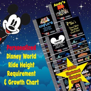 May include: Personalized Disney World ride height requirement and growth chart. The chart features ride height requirements and a growth chart. The design includes Mickey Mouse, ride names, and the text "2026 Updated Height Chart."