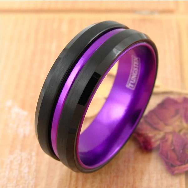 Spectacular Black Tungsten Ring with Purple Stripe & Purple Anodized Aluminum Inner Band, with Beveled Edges. Wedding Band