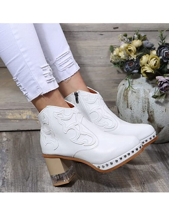 Womens Rivet Welt Acrylic Heel Western Style Booties