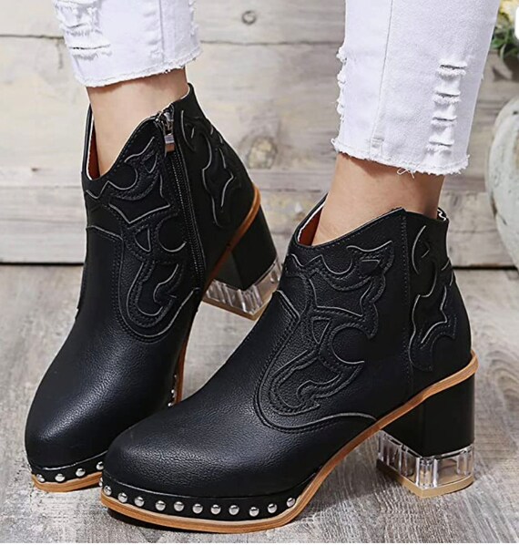 Womens Rivet Welt Acrylic Heel Western Style Booties