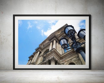 Louvre Museum Exterior Tower View - Color Architectural Photography Print. Parisian Street Lamp, Paris Photography, Parisian Wall Art