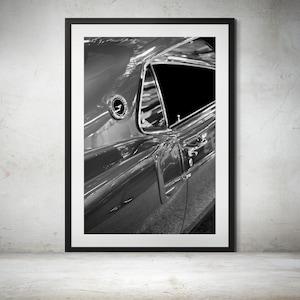 1969 Ford Mustang Fastback Black and White Print – Iconic Side Emblem, Quarter Panel & Scoop Design, Muscle Car Decor, Classic Mustang