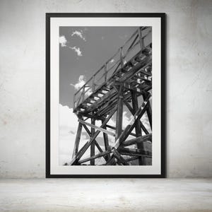 Black and White Weathered Wood Mine Train Bridge Photograph – Million Dollar Highway Colorado Wall Art, Abandoned Rustic Architecture Print