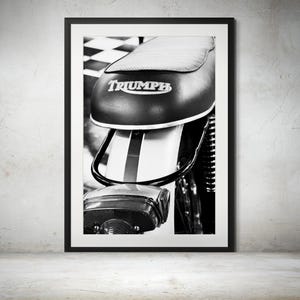 1969 Triumph T120R Bonneville Logo on Seat Black and White Photograph Print– Classic British Motorcycle, Motorcycle Art, Vintage Motorcycles