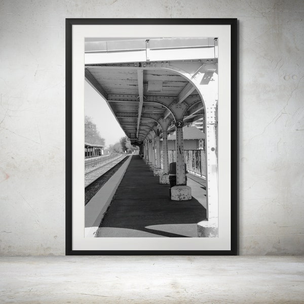 Chicago CTA Train Platform: Vintage Perspective Photography. Rusting Canopy, Black & White Print. Train Station Art, Urban Photography