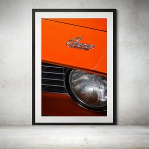 1969 Chevy Camaro Front End Close-Up Print – Iconic American Muscle Car in Vibrant Orange, Classic Chevrolet Cars, 1960s Muscle Cars