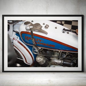 1929 Harley-Davidson Model D Close-Up Color Print - Iconic Tank, Gear Shifter & Engine Details, Motorcycle Photography, Classic Harley
