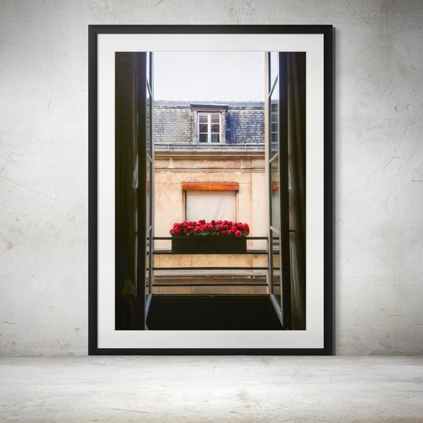 Parisian Window with Red Flowers - Charming Architecture Print. Place de Vosges View: Cityscape Photography, Color Print, Paris Landmarks