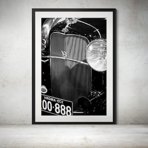 Vintage 1932 Ford Deluxe Phaeton V8 Black and White Print - Classic Car Print, Grill Art, and Iconic Headlights, Vintage Car Home Decor