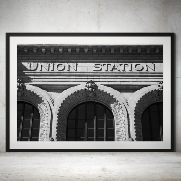 Denver Icon: Union Station Close-Up Black & White Print - Dramatic Architecture, Historic Landmark Photography, Train Transportation Photo