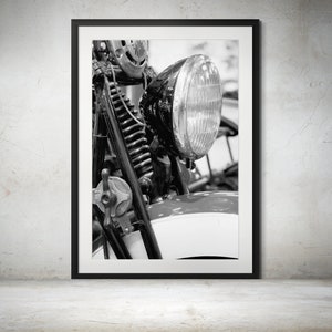 1928 Indian Scout Motorcycle Front End Close-Up Black and White Photograph Print - Vintage Motorcycle Wall Art Decor, Indian Motorcycle Art