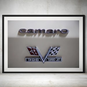 1967 Chevrolet Camaro Fender Close-Up Color Print - Iconic Camero Emblem, V-Flag Badges, and 396 Turbo-Jet Insignia, Muscle Car Photography