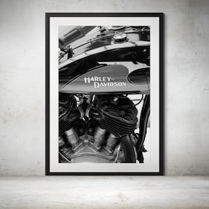 Black and White Print of 1933 Harley Davidson VLD - Vintage Motorcycle Wall Art, Classic Harley Engine & Tank Logo Print, Retro Garage Decor