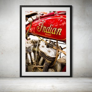 1928 Indian Scout Motorcycle Color Photograph Print - Vintage Motorcycle Wall Art Decor, Indian Motorcycle Art