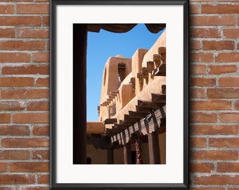 Santa Fe Museum of Art Courtyard: Architectural Details in Historic Adobe Setting with Bell Tower View, Color Photograph Print