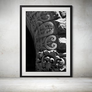 Rookery Building Exterior Facade Stone Carving Black and White Print - Historic Chicago Architecture, Chicago Photography