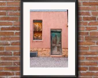 Santa Fe Canyon Road Alley: Weathered Door and Adobe Facade - Color Photograph Print of Historic Artistic Enclave