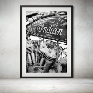 1928 Indian Scout Motorcycle Black and White Photograph Print - Vintage Motorcycle Wall Art Decor, Indian Motorcycle Art