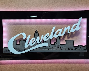 Cleveland Script Sign Wall Art with LED City Skyline 24" x 12"