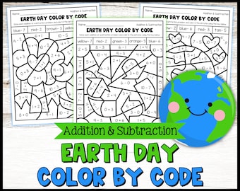 Activité du Jour de la Terre, activité de colorisation numérique du Jour de la Terre, feuille de travail sur les additions et les soustractions du Jour de la Terre