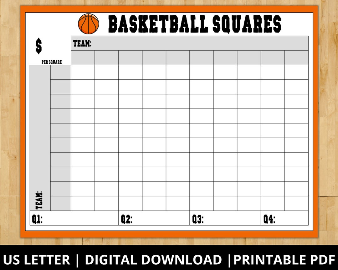 Printable Basketball Squares Game, Basketball Pool Grid, 100 Squares ...