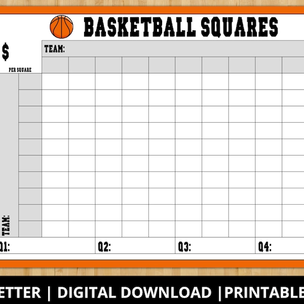 Printable Basketball Squares Game, Basketball Pool Grid, 100 Squares, Madness Squares Grid