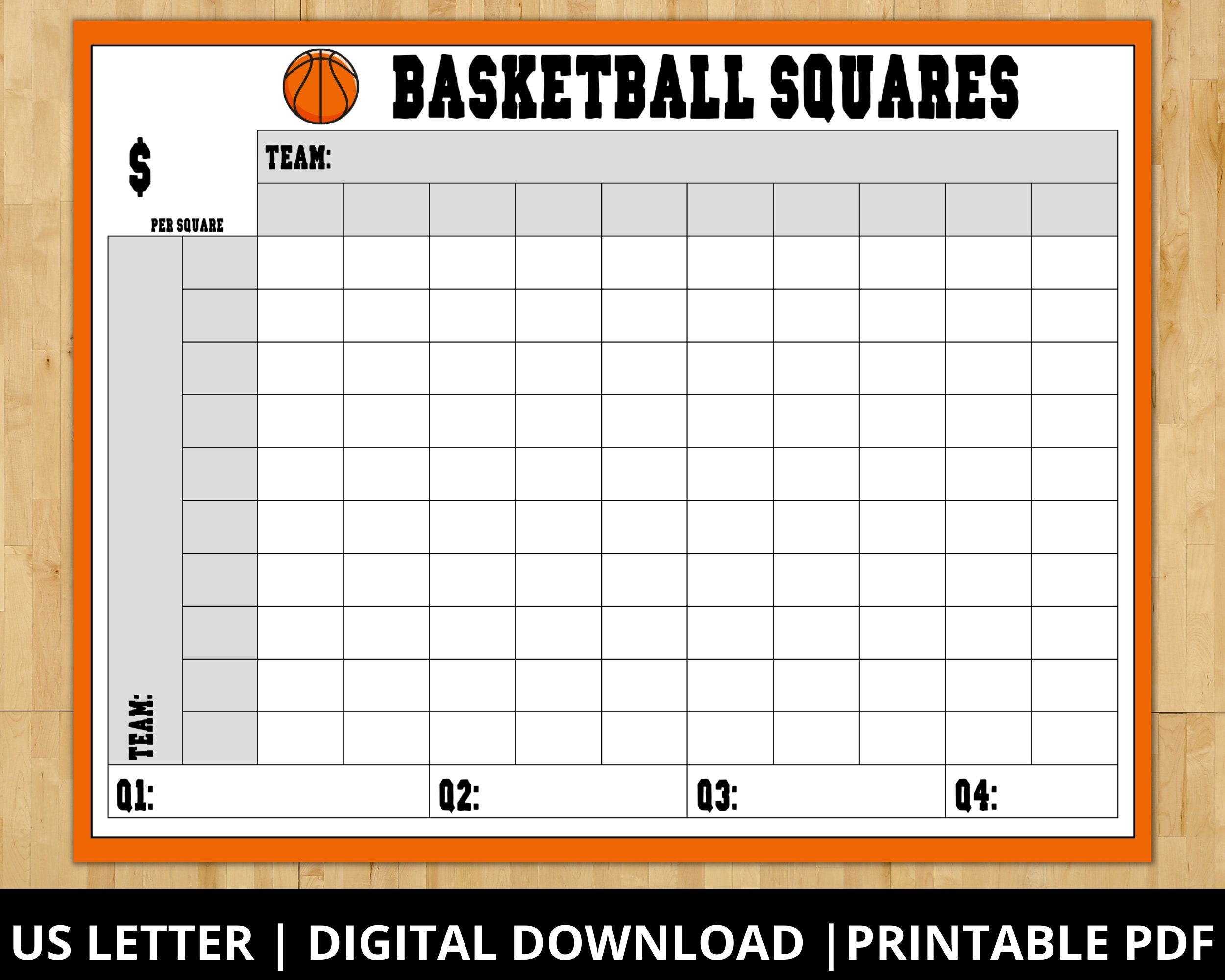 Printable Basketball Squares Game, Basketball Pool Grid, 100 Squares Printable Basketball Squares Game, Basketball Pool Grid, 100 Squares