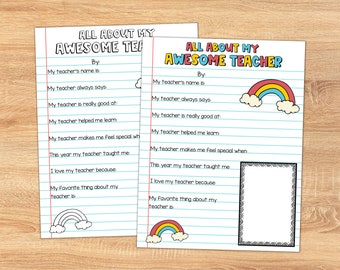 All About My Teacher Questionnaire, Teacher Appreciation Week Printable Gift, Printable Teacher Thank You Card, Teacher Appreciation Note