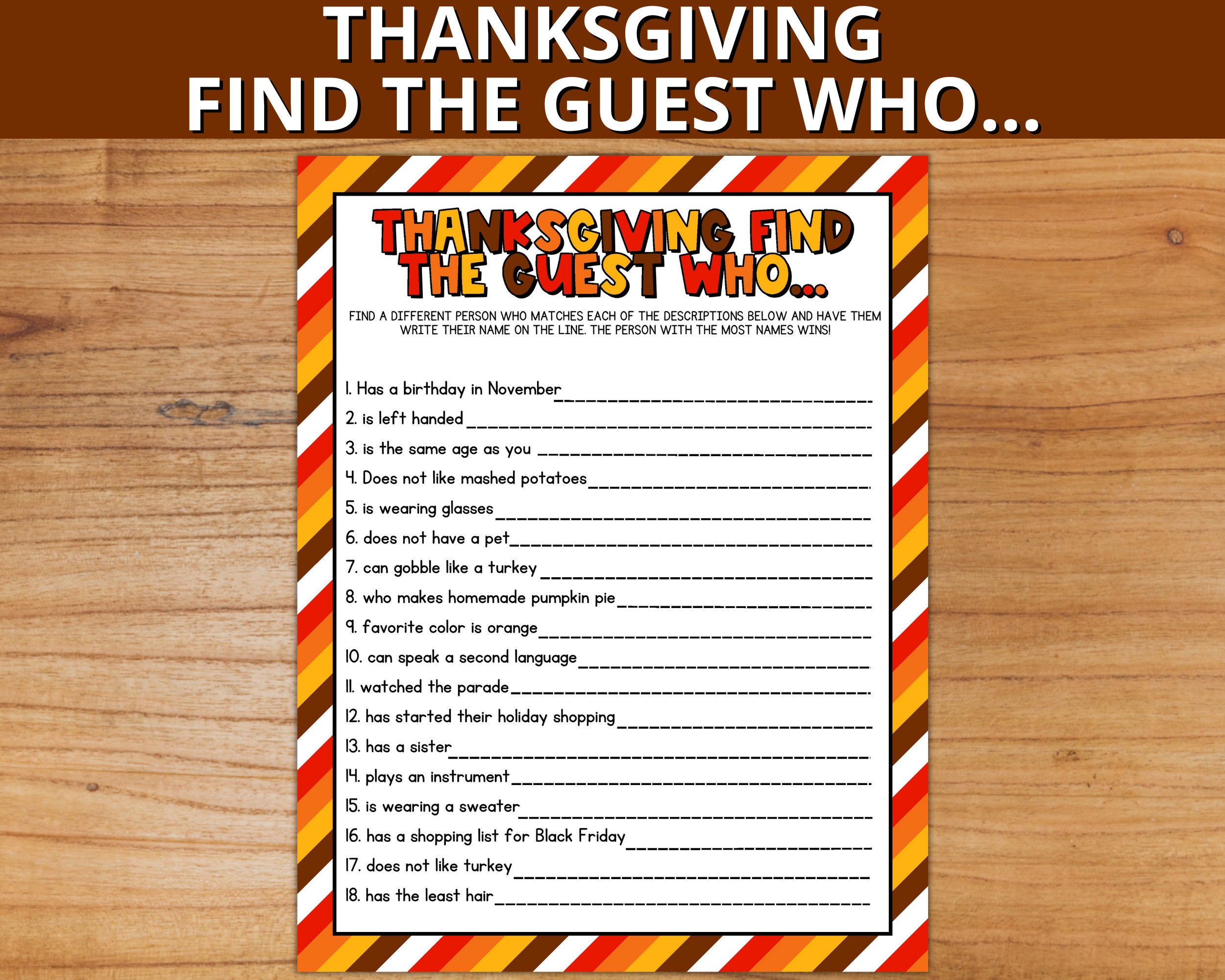 Thanksgiving Find the Guest Who Game Adult Thanksgiving Party - Etsy