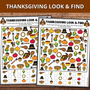 Thanksgiving Look and Find Activity, Thanksgiving Printable Games, Counting Games for Preschoolers