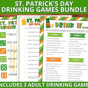 May include: Three printable St. Patrick's Day drinking game cards. The first card is called "St. Pat Drunk" and has a green and orange color scheme. The second card is called "St. Pat Bar Crawl" and has a green and orange color scheme. The third card is called "Drink If..." and has a green and orange color scheme. The cards include instructions for playing the games.