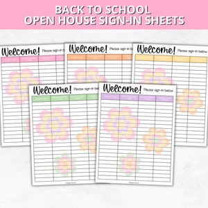 May include: Five printable sign-in sheets with a welcome message and a floral design. Each sheet has columns for student name, parent/guardian name, contact phone number, and contact email address.