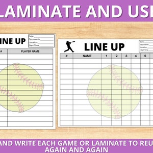 May include: Two printable softball line-up sheets with a yellow softball graphic. The first sheet has a space for player names and numbers. The second sheet has a space for player names and numbers for each inning. The text "LAMINATE AND USE" is at the top of the sheet. The text "HAND WRITE EACH GAME OR LAMINATE TO REUSE AGAIN AND AGAIN" is at the bottom of the sheet.