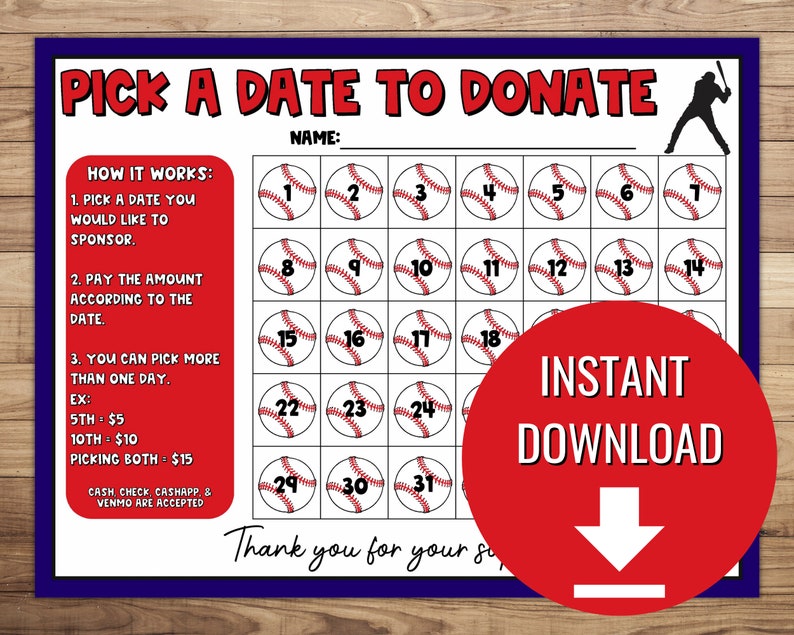 Baseball Calendar Fundraiser, Pick a Date to Donate Printable, Baseball ...