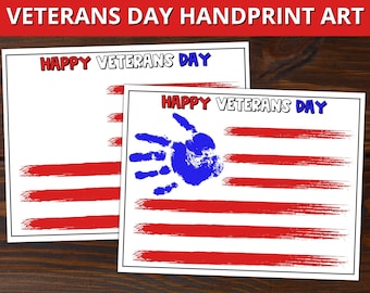 May include: Two printable cards with the text "Happy Veterans Day" and an American flag design. One card has a blue handprint in the center of the flag.