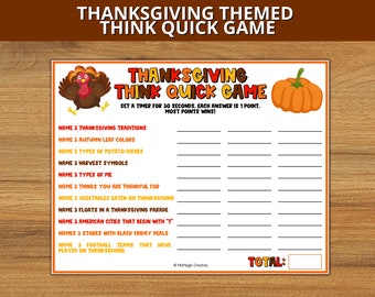 Thanksgiving Themed Think Quick, Thanksgiving Trivia, Thanksgiving Think Fast Game, Friendsgiving Game