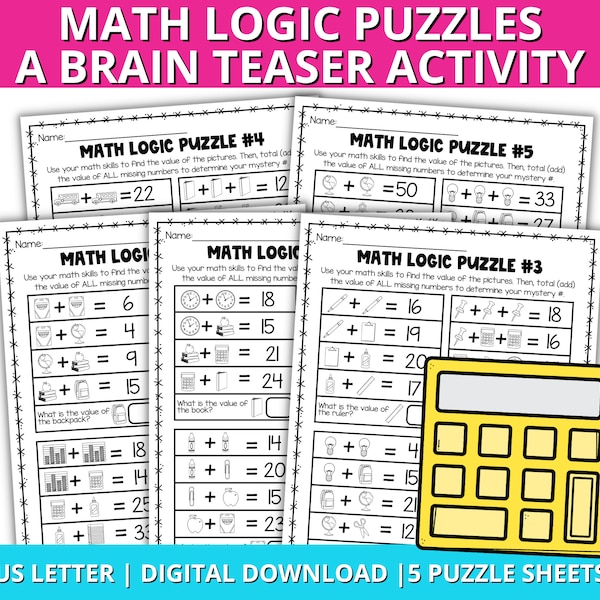 Back to School Math Logic Puzzle, Brain Teasers for Kids, Gifted and Talented Enrichment, Printable Logic Puzzles, Math Enrichment