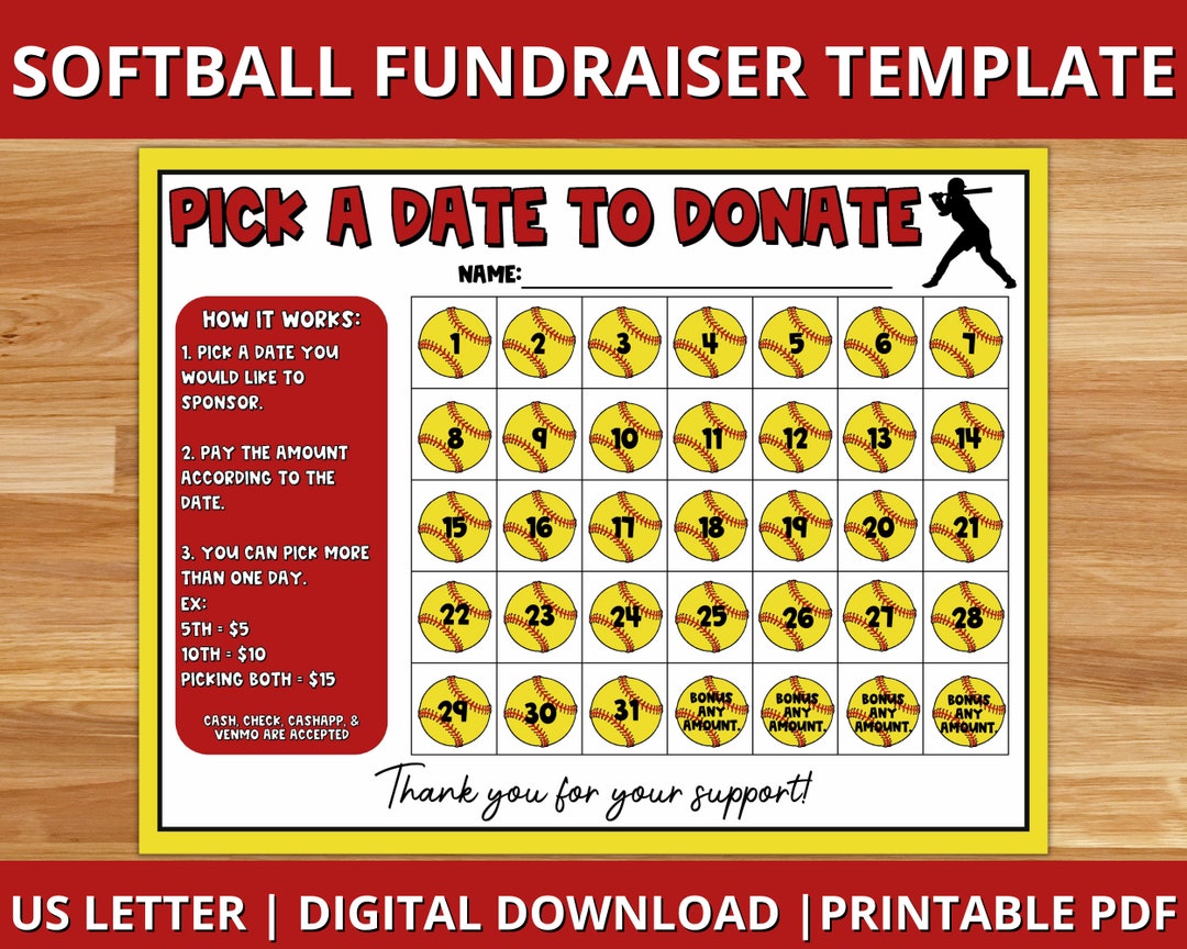 Softball Calendar Fundraiser, Pick a Date to Donate Printable, Softball