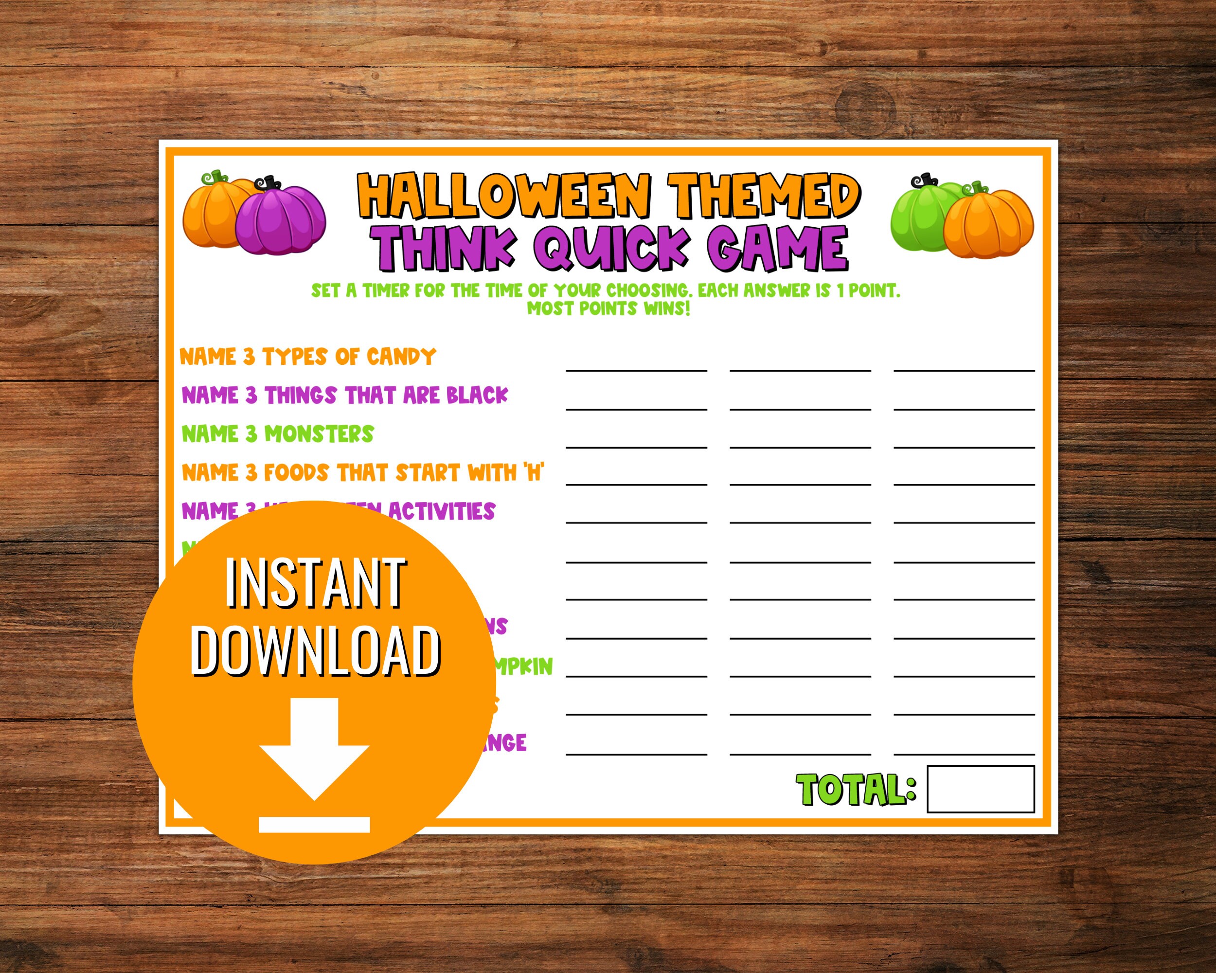 Halloween Themed Think Quick Game, Halloween Trivia Game, Printable ...