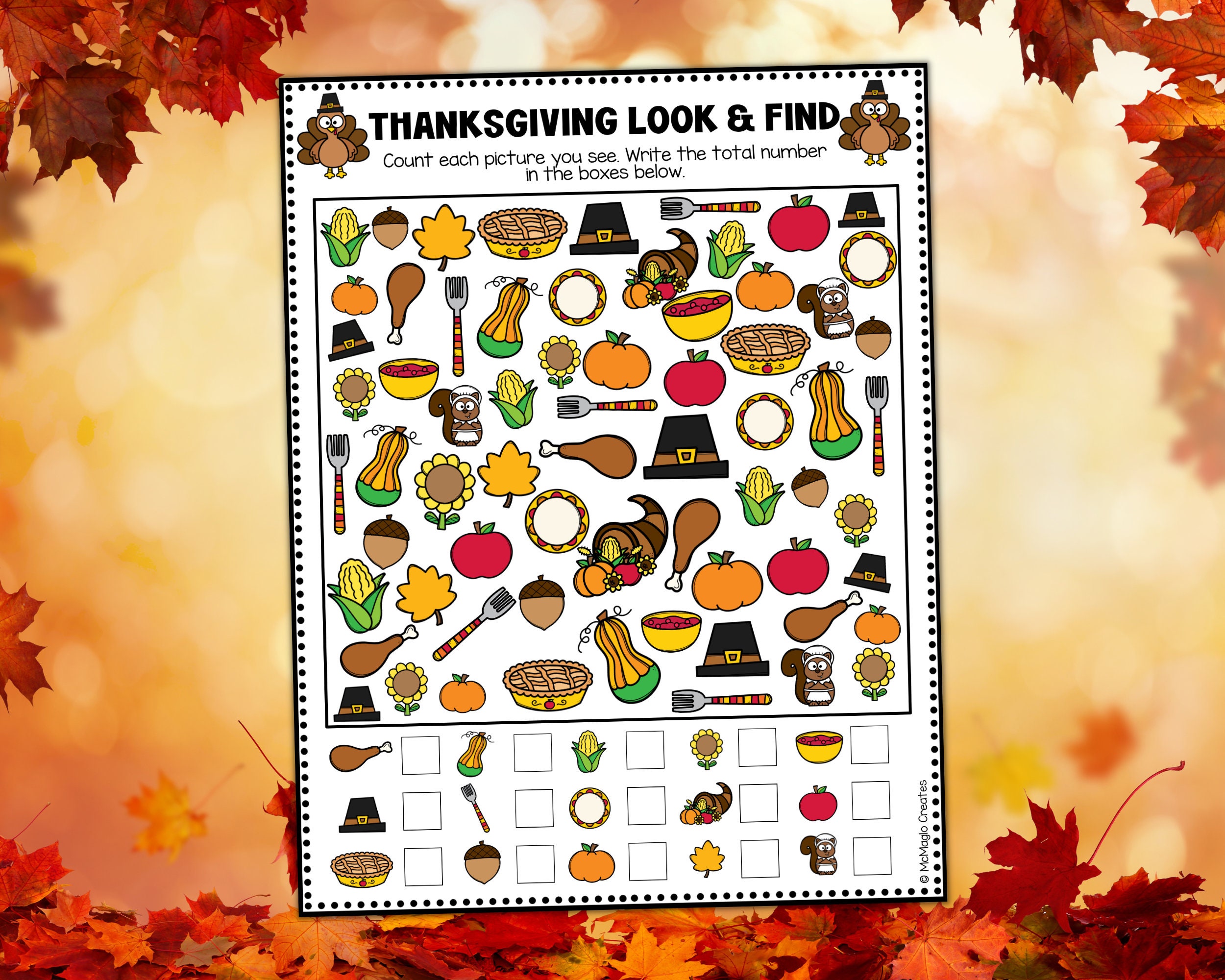 thanksgiving look and find activity, thanksgiving printable games, counting  games for preschoolers
