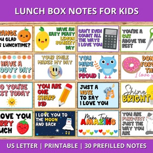 Puede incluir: Treinta notas para la lonchera imprimibles para niños con ilustraciones coloridas y mensajes positivos. Las notas incluyen frases como "Eres un corte por encima del resto", "Brilla con luz propia" y "Te quiero mucho".