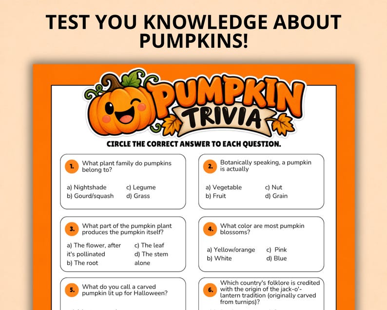 How Many Question Sign Cartoon Pumpkin Trivia Game, Printable Fall Party Game for Kids, Halloween ...